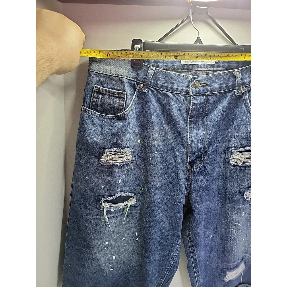 Jeanius‎ Akademiks Shorts Mens 40 Blue Paint Splatter Denim Distressed Baggy Y2K